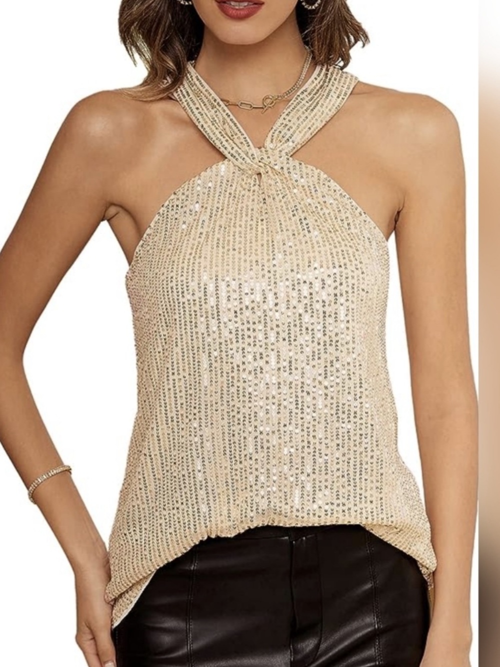 Grace Karin Rose Gold Sequin Halter Neck Cami Top in Champagne
